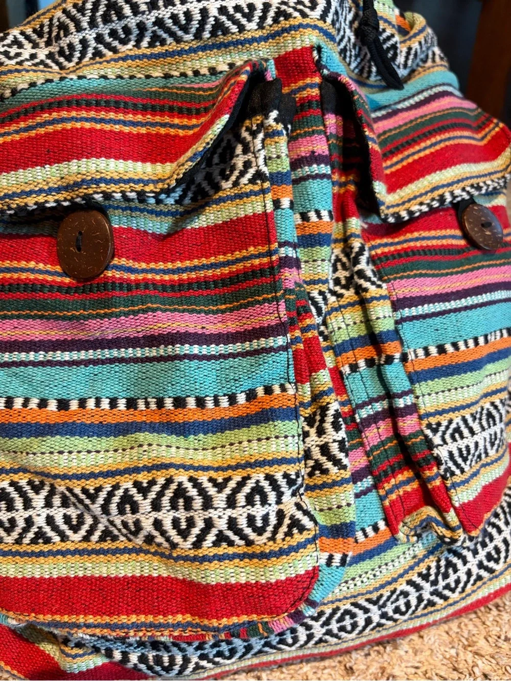 Made in Nepal. Colorful Striped Woven Backpack